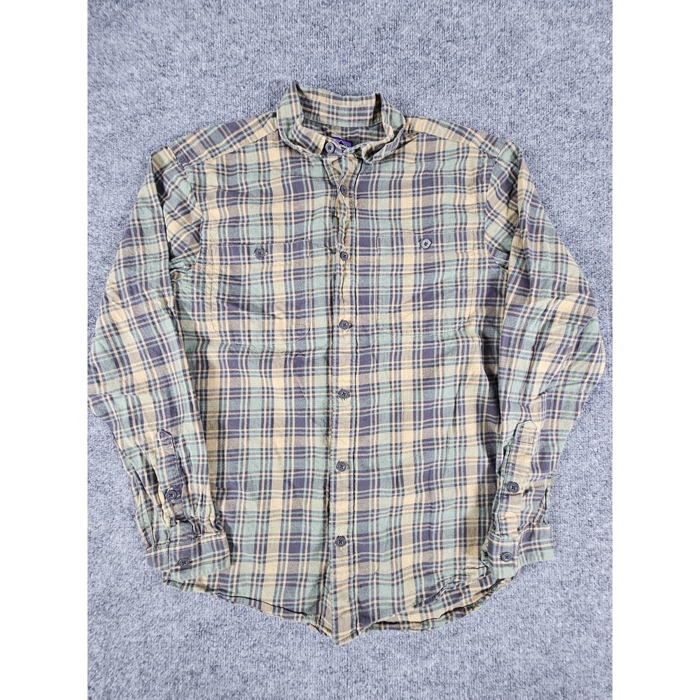 Patagonia Shirt Mens Medium Green Yellow Plaid Organic Cotton Flannel Button Up‎